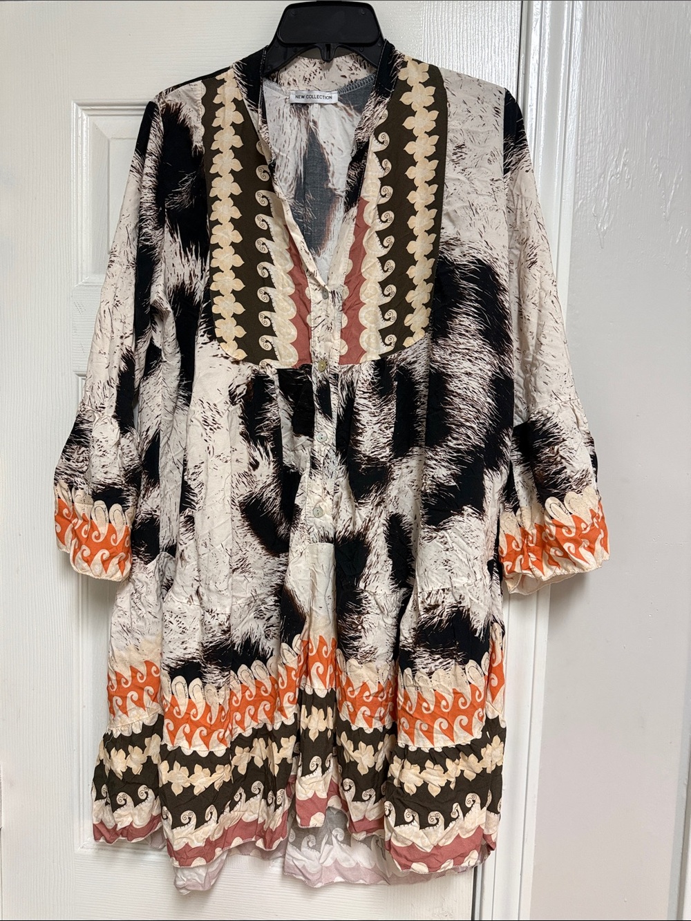 New Collection Italian Made Printed Boho Tunic Dress in Black, White & Orange